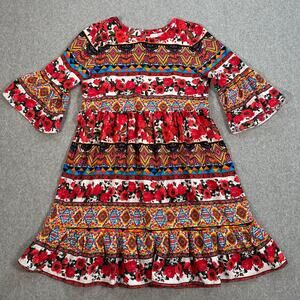 GB Girls Bell Sleeve Dress Size XL Red Roses Mixed Print Ruffle Hem Colorful